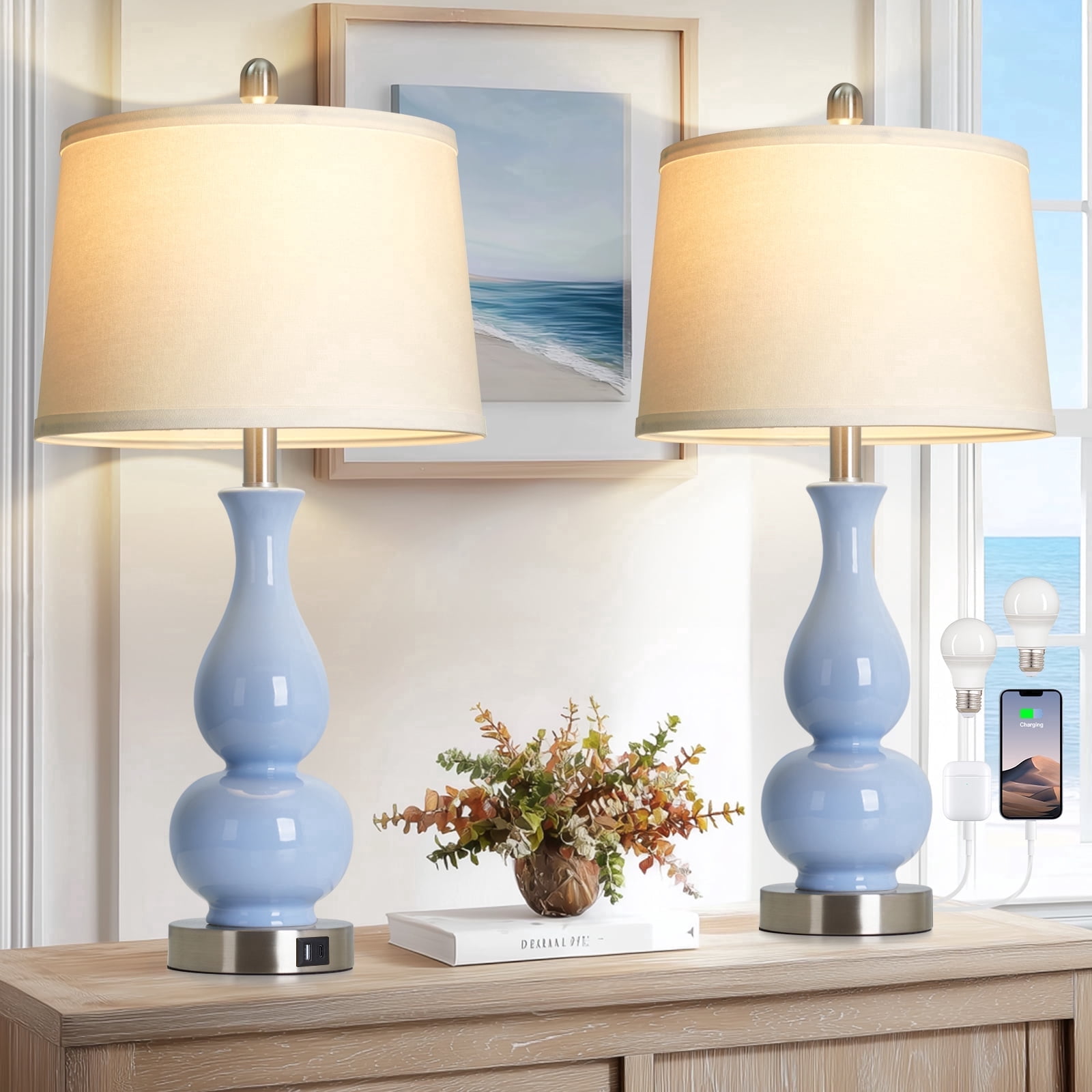 Lolikit Table Lamp Set of 2, Coastal Blue Ceramic Coastal Lamp, 27" Modern Nightstand Bedside Lamp for Living Room Bedroom, Bulbs Included