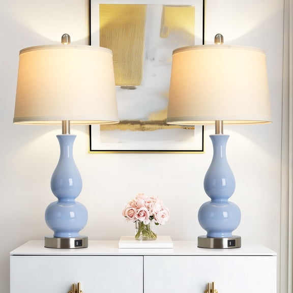 Lolikit Ceramic Table Lamp Set of 2 Modern Blue Coastal Nightstand Bedside Lamp for Living Room Bedroom