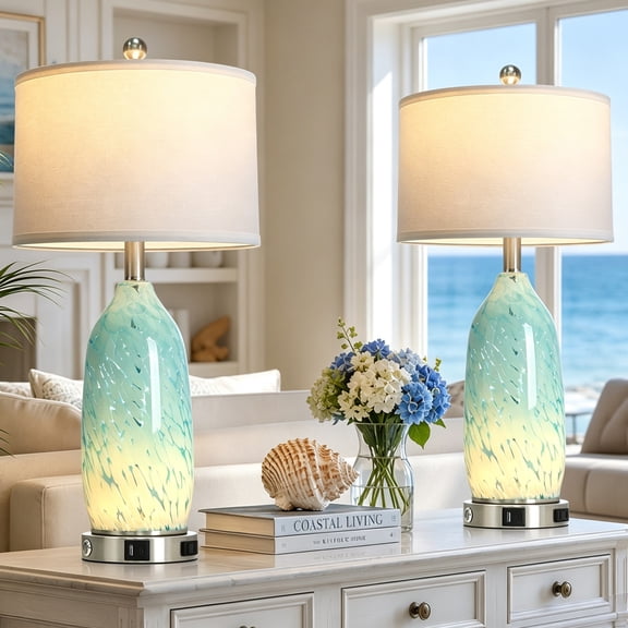 Lolikit Coastal Table Lamps Set of 2 for Bedroom Living Room with USB A+C Ports Night Light AC Outlets 26" Modern 3-Way Dimmable Touch Nautical Blue Bedside Lamp Bulbs Included