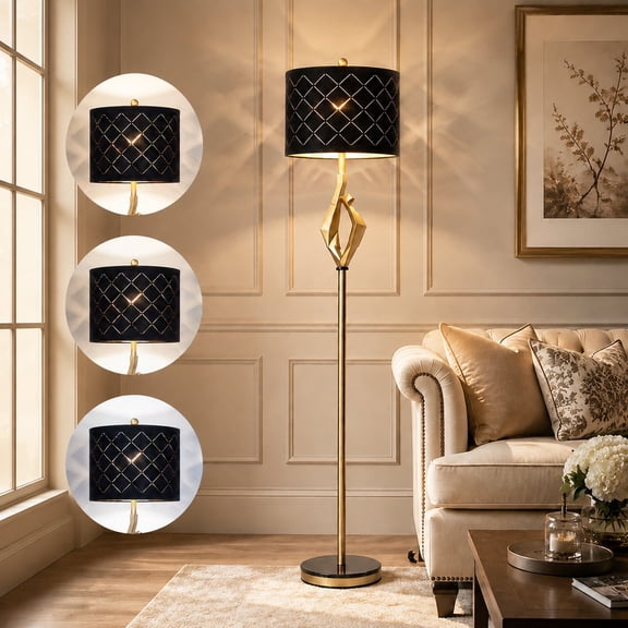 Lolikit Floor Lamp for Living Room Bedroom 69" Modern Gold Corner Standing Lamp with 3 Color Temperature Black Lampshade Bulb Included