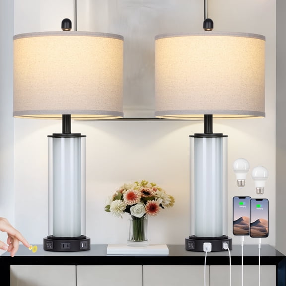 Lolikit Table Lamp Set of 2 Modern Nightstand Bedside Lamps for Bedroom Living Room with USB A+C Ports & AC Outlet,Bulbs Included