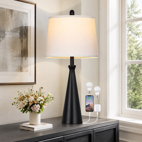 Lolikit Modern 3 Way Dimmable Touch Table Lamp for Bedroom Living Room 28" Industrial Black Single Bedside Lamp with USB C+A Ports,Bulb Included,One Pack