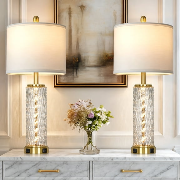 Lolikit Modern Glass Table Lamps for Bedroom Living Room 28" Gold Bedside Lamp Set of 2 with USB C+A Ports Nightlight,White Shade,Bulbs Included