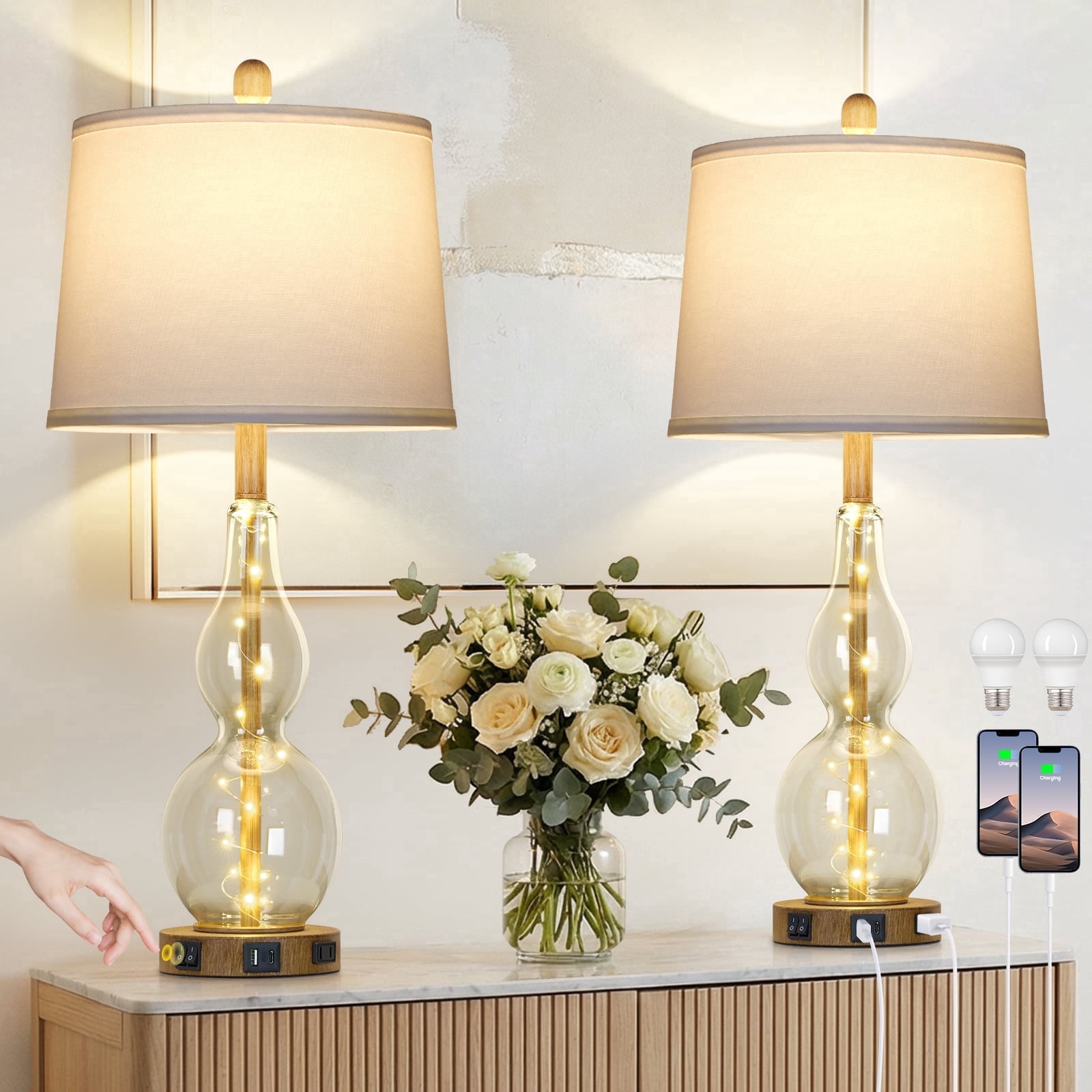 Lolikit Table Lamps Set of 2, Modern Nightstand Bedside Lamp for Bedroom Living Room with USB C+A Ports & AC outlet,Bulbs Included