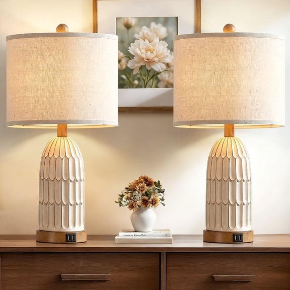 Lolikit Rustic 3 Way Dimmable Touch Table Lamps Set of 2 for Bedroom Living Room 22" Farmhouse Resin Nightstand Bedside Lamp with USB Ports