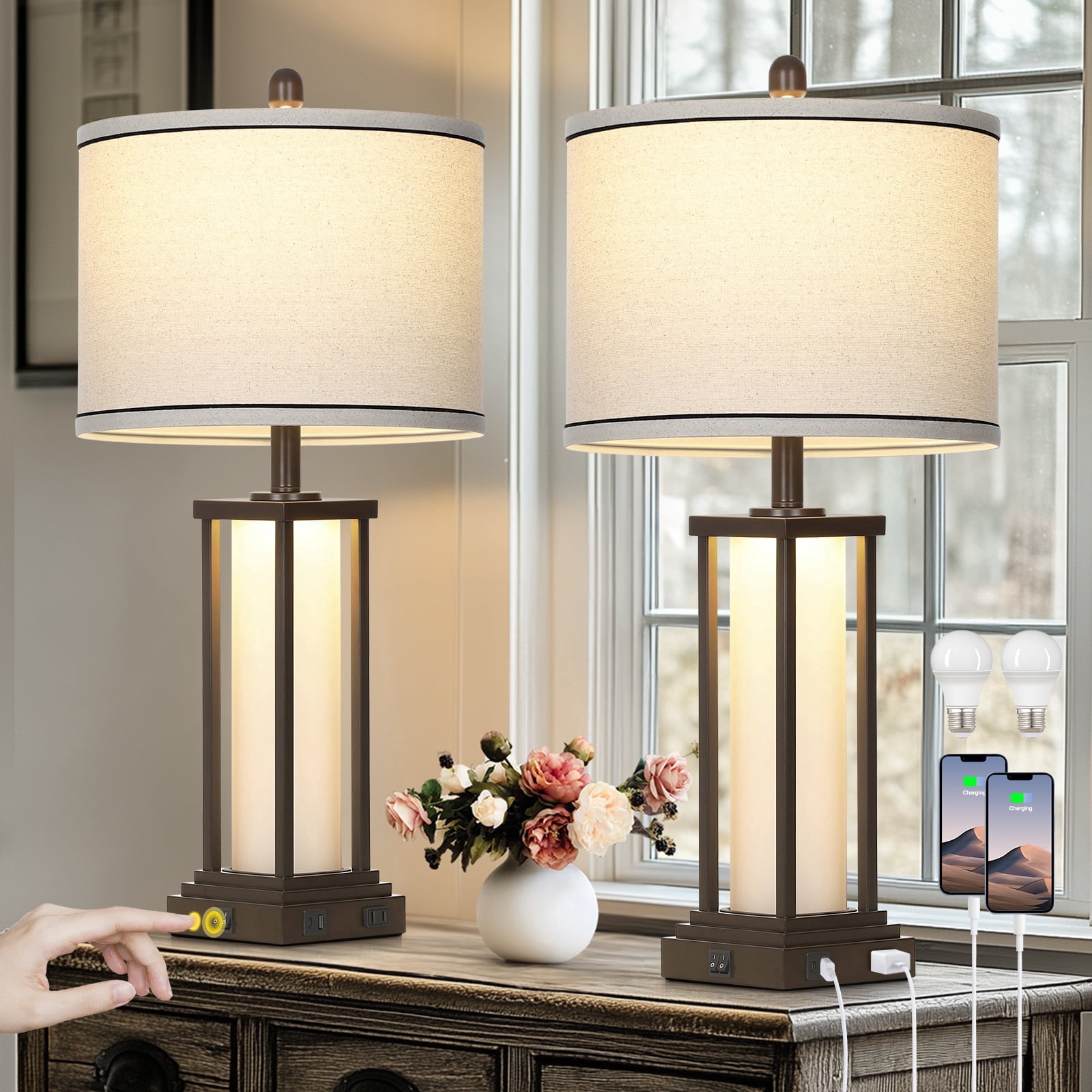 Lolikit Rustic Table Lamp Set of 2 Beside Lamps Nightstand Lamp for Living Room Bedroom Office