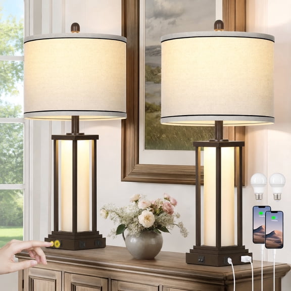 Lolikit Farmhouse Table Lamps for Bedroom Living Room with USB A+C Ports,AC Outlets,Glass Nightlight 27" Rustic Brown Metal Bedside Lamp Set of 2,Bulbs Included