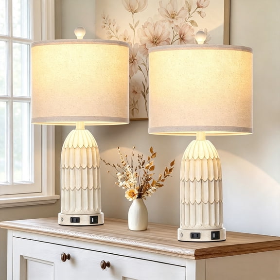 Lolikit Farmhouse 3 Way Dimmable Touch Control Table Lamps with USB A+C Ports AC Outlets 22" Rustic Nightstand Bedside Lamp Set of 2 for Bedroom Living Room