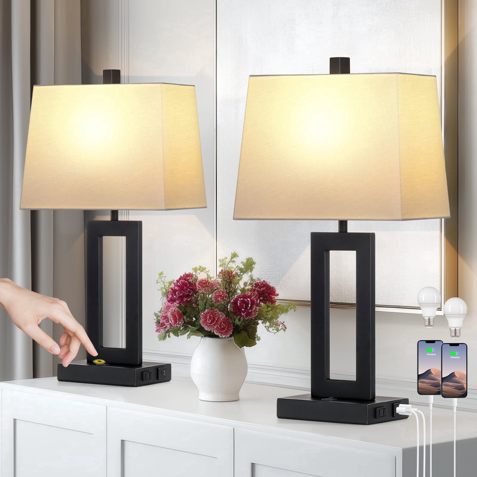 Lolikit 23.5" Table Lamps Set of 2 with USB A+C Ports & AC Outlets Modern Industrial Black Bedside Nightstand Lamp for Bedroom Living Room White Shade