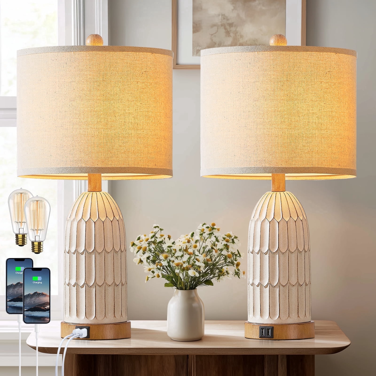 Lolikit Rustic 3 Way Dimmable Touch Table Lamps Set of 2 for Bedroom Living Room 22" Farmhouse Resin Nightstand Bedside Lamp with USB Ports