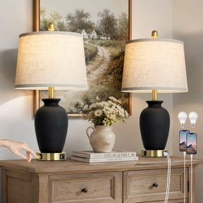 Lolikit Retro Black Ceramic Jar Table Lamps Set of 2 for Bedroom Living Room 23" Farmhouse Nightstand Bedside Lamp with USB A+C Ports