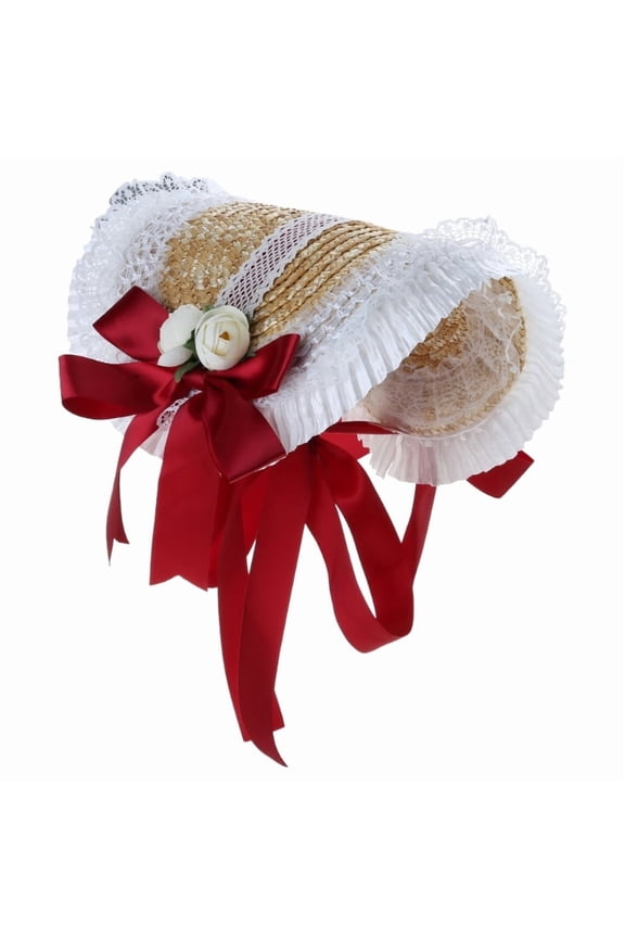 Lolita Elegant Flat Top Straw Hat with Chin Strap Ribbon Flower Hat Sweet Ruffle Lace Headwear Tea Party Headpiece