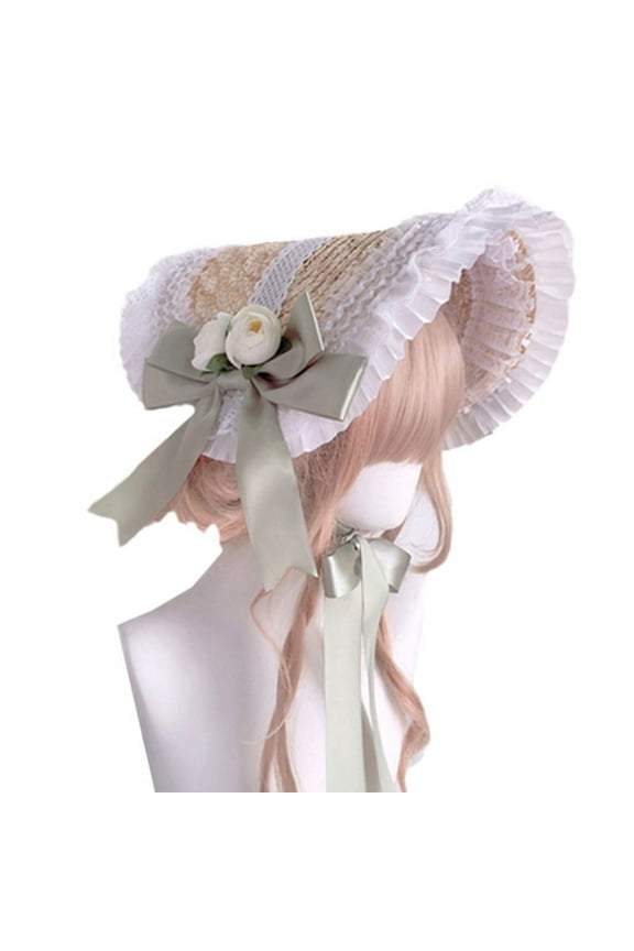 ✪ Lolita Flat Top Hat Ruffle Lace Headwear Elegant Flower Straw Hat with Chin Strap Victorian Tea Party Ribbon Hat