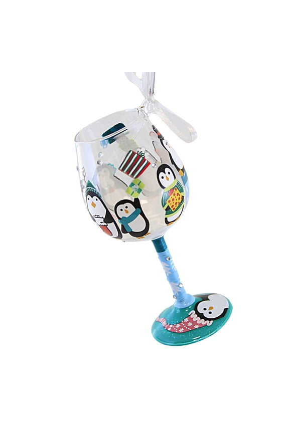 Lolita Glassware Mini Wine Penguins & Presents - One Ornament 4.0 Inch, Glass - Hand Painted 6013204