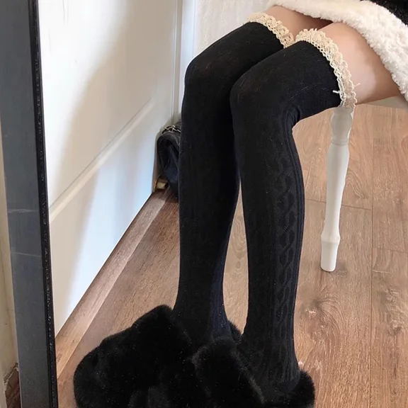 Lolita Lace Up Long Knee Socks for Women Over Knee Thigh High Stockings Spring Autumn Fashion Girls Warm Sexy Cotton JK Tights
