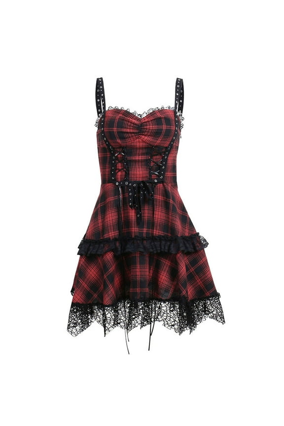 Lolita Plaid Dress for Women Sleeveless Vintage Frill Frock Lace Mini Dresses