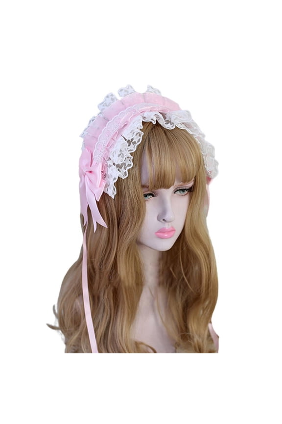 Lolita Ruffled Headband Sweet Star Embroidery Lace Ribbon Bow Hairband with Hairpins Anime Maid Cosplay Headdress