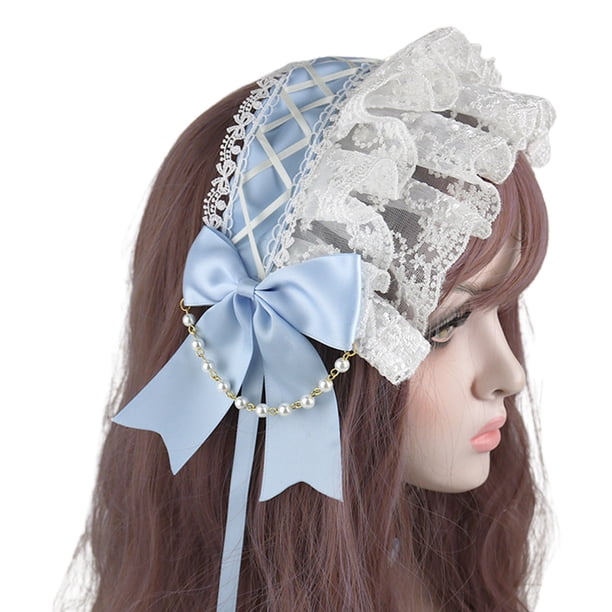 Lolita Ruffled Lace Headband Crisscross Ribbon Bow Pearls Chain