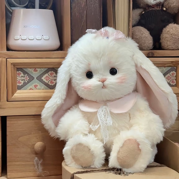 Lolita Style Bunny Plush Toy, Soft White Rabbit Stuffed Animal with Lace Bonnet