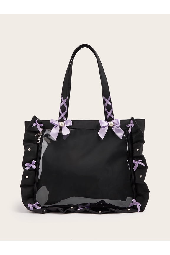 Lolita Style PVC Ita Tote Bag for Women, Ruffle Edge Bowknot Decor, Clear Display Window, Zipper Closure, Large Capacity Shoulder Bag for Anime Pin Display Daily Use (17.32"x1.97"x12.60", 0.93lb)