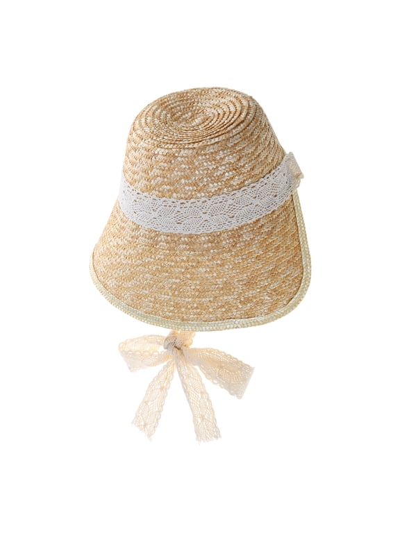 LolitaStyle Straw Hat for Women Girls French Tea Party Hat Lace Patchwork Bonnet Handwoven Sun Hat Headgear