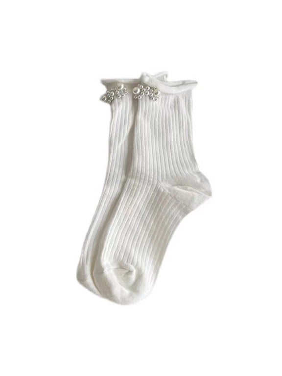 Lolitas Cute Ankle Dress Socks Japanese Sweet Pearls Socks JK Uniform Calf Socks Roll Cuffs Middle Tube Sock