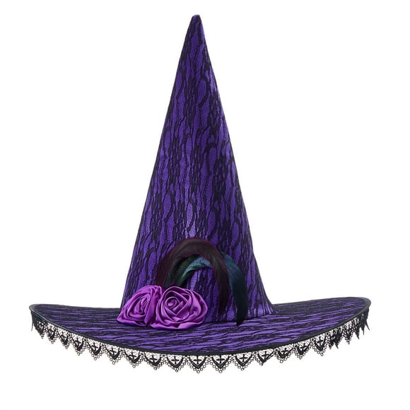 Halloween Witch Hats Lace Feather Rose Wide Brim Pointed Cap