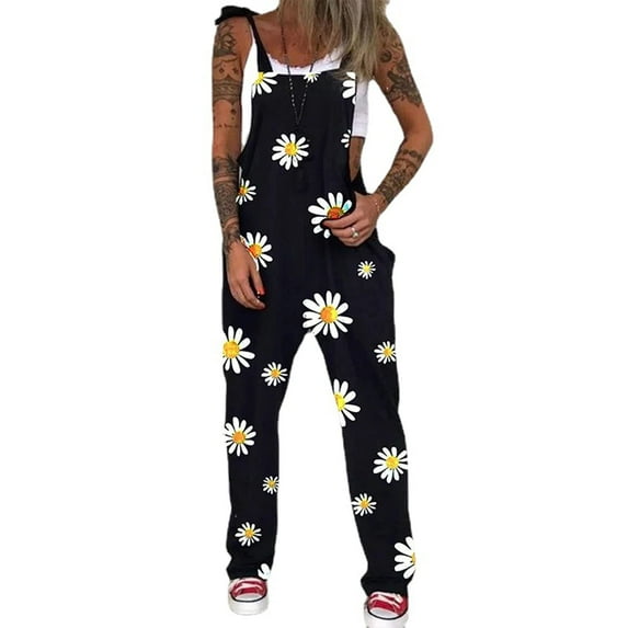 Loliuicca Women Casual Long Loose Fit Bib Pants Overalls Skull Printed Rompers Fashion Jumpsuits with Pockets