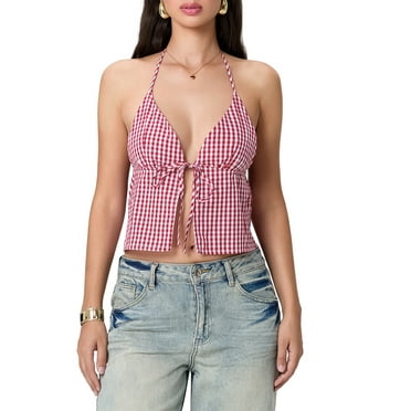 Loliuicca Women Halter Neck Cami Tops Plaid Low Cut Tie-Up Sleeveless Crop Shirt