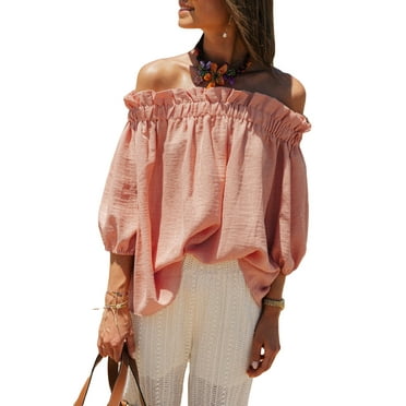 Loliuicca Women Ruffled Blouse Off-Shoulder Half Puffy Sleeves Flowy Fit Tops