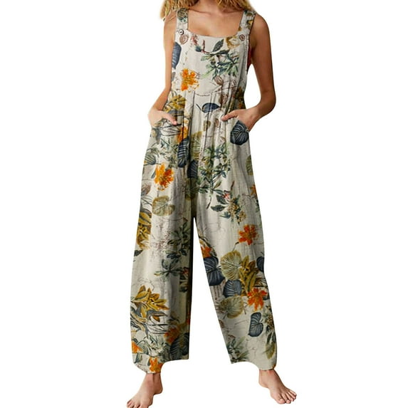 Loliuicca Women Summer Jumpsuit Leaf Print Square Neck Sleeveless Casual Overalls
