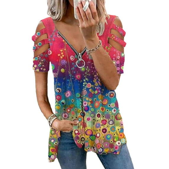 Loliuicca Women V Neck Pirnted Tunic Tops Summer Cutout Sleeve Zipper Plus Size Pullover Tops Casual Blouses