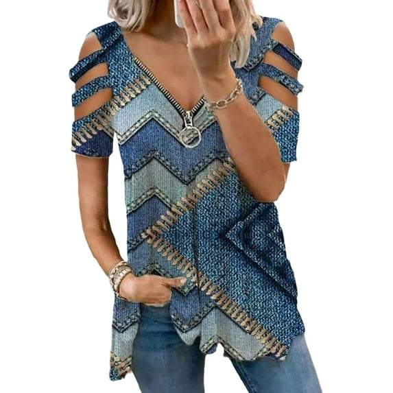 Loliuicca Women V Neck Pirnted Tunic Tops Summer Cutout Sleeve Zipper Plus Size Pullover Tops Casual Blouses