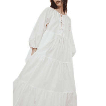 Loliuicca Women's Long Flowy Dress Long Sleeve Round Neck Tie-up Front Dress