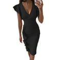 thumbnail image 1 of Loliuicca Women's Vintage Wrap V Neck Ruffle Sleeve Bodycon Midi Dress Ruched Evening Party Cocktail Pencil Formal Dress, 1 of 5
