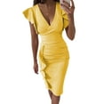 thumbnail image 1 of Loliuicca Women's Vintage Wrap V Neck Ruffle Sleeve Bodycon Midi Dress Ruched Evening Party Cocktail Pencil Formal Dress, 1 of 5