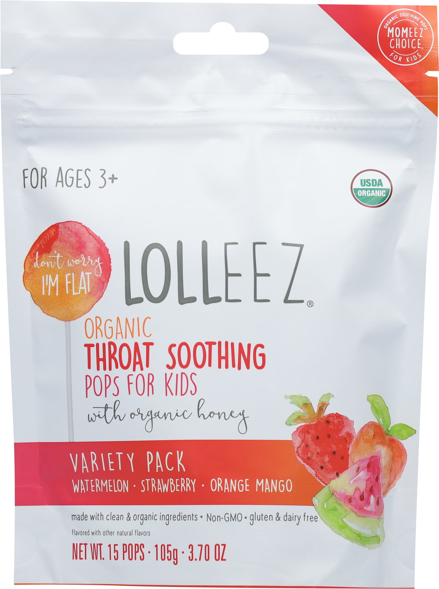Lolleez Organic 2 Pack Throat Soothing Pops for Kids with Organic Honey, Multi Pack, 30 Count