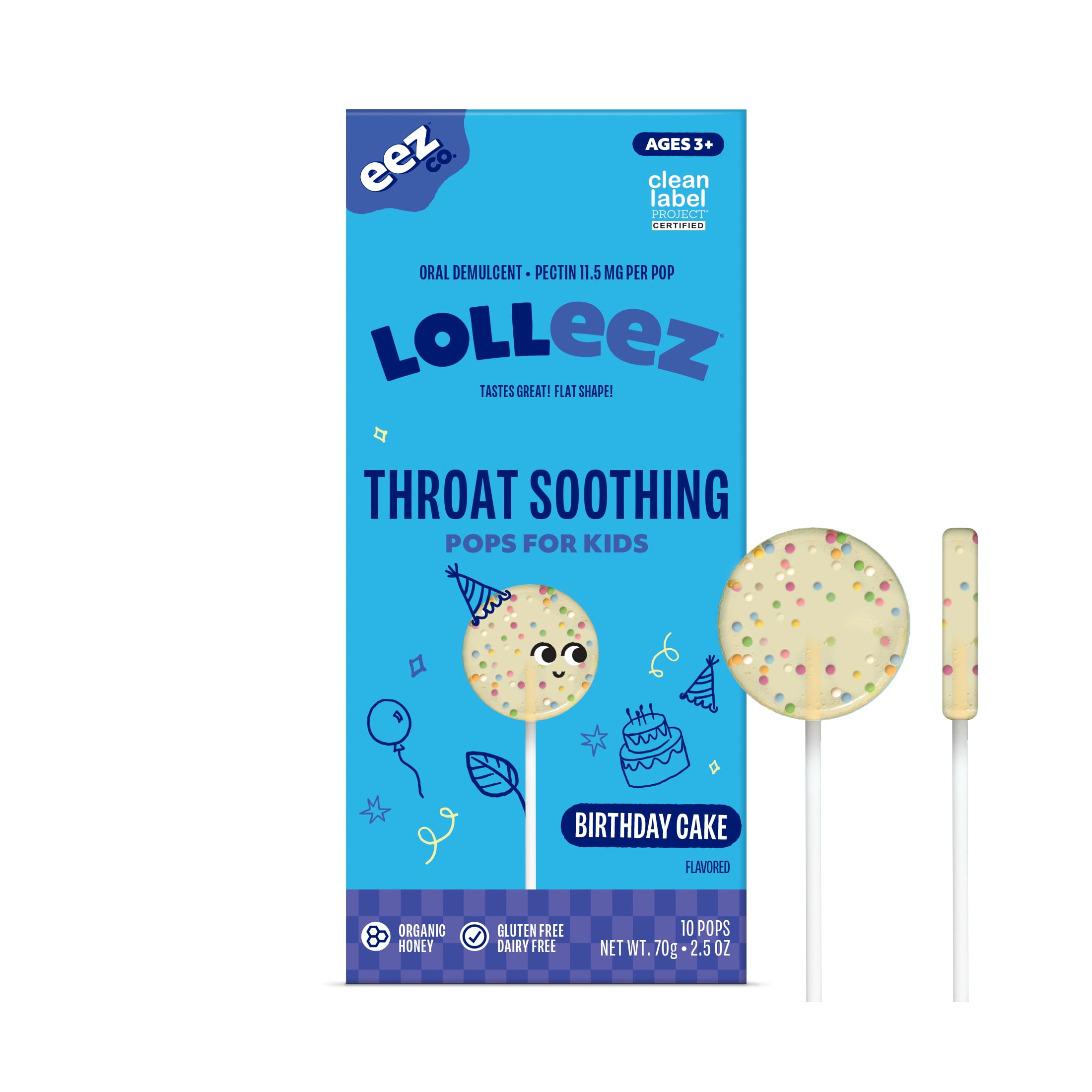 Lolleez Organic Lollipops for Children's Sore Throat Relief, Birthday Cake Flavor, 10 Count