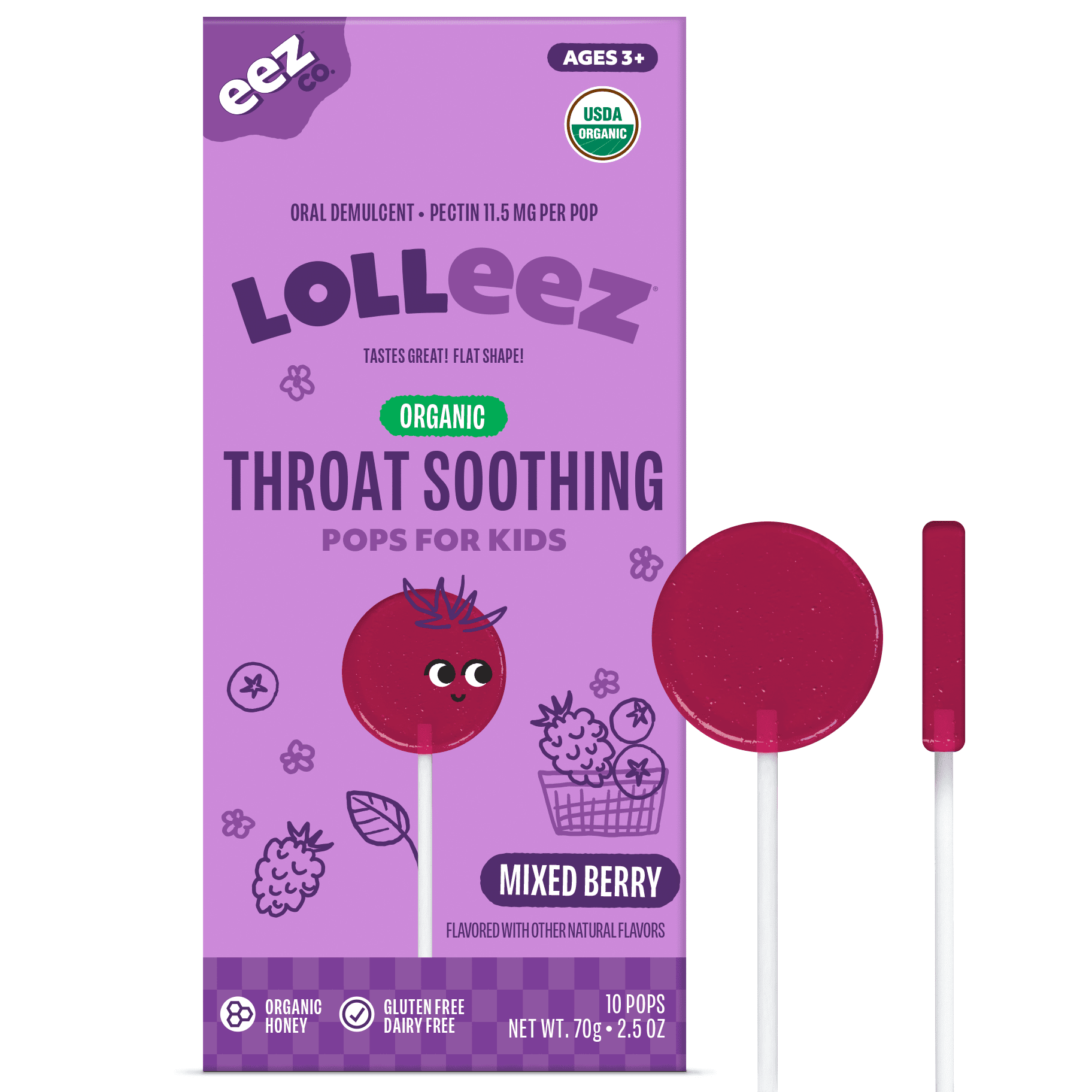Lolleez Organic Mixed Berry Throat Soothing Lollipops for Kids, 10 Count