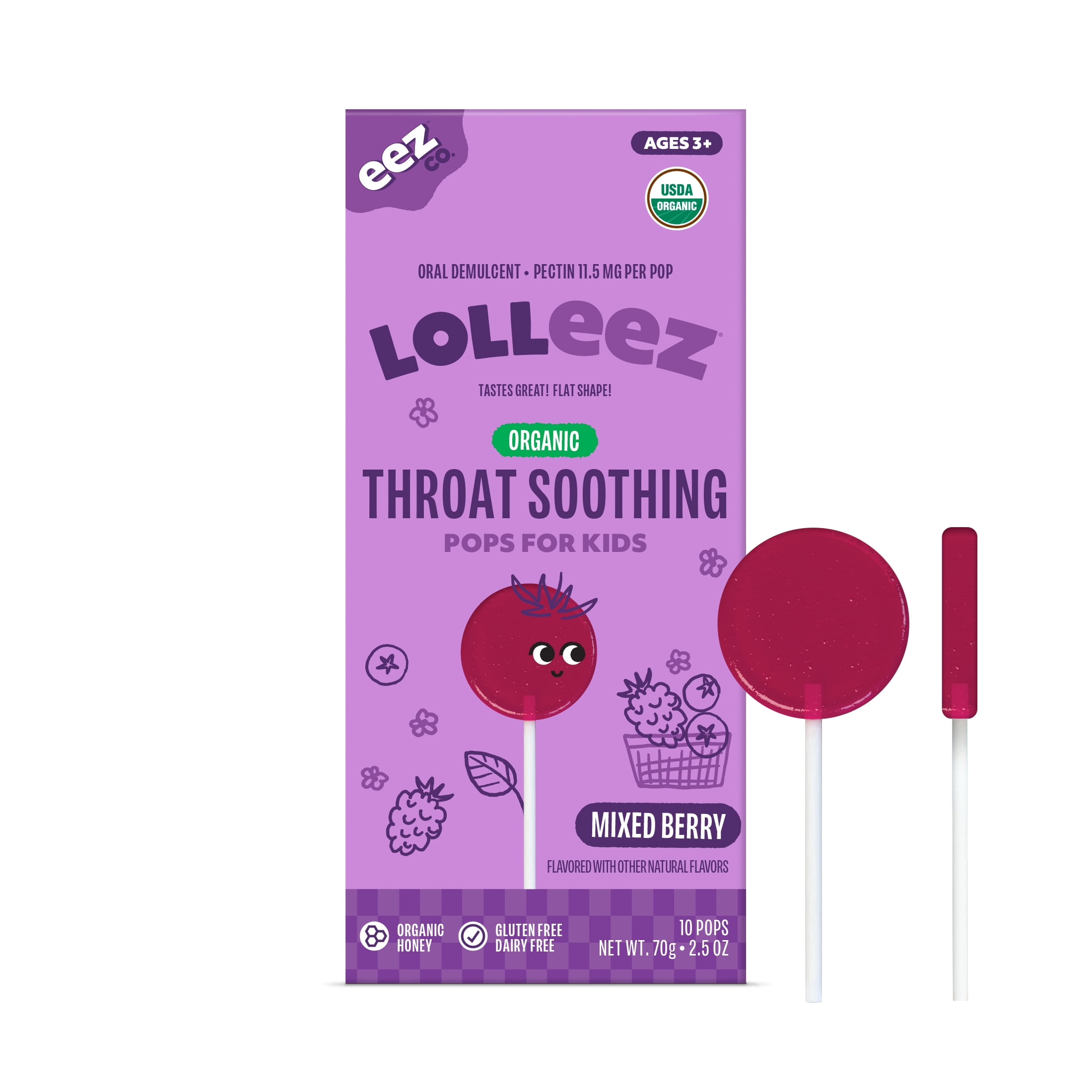 Lolleez Organic Throat Soothing Pops for Kids, Mixed Berry Flavor, 10 Count