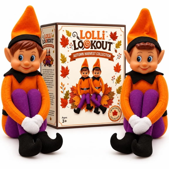 Lolli Lookout Fall Elf 2-Pack, 13 inch Collectible Plush Elves, Orange and Purple, Autumn Harvest Decor