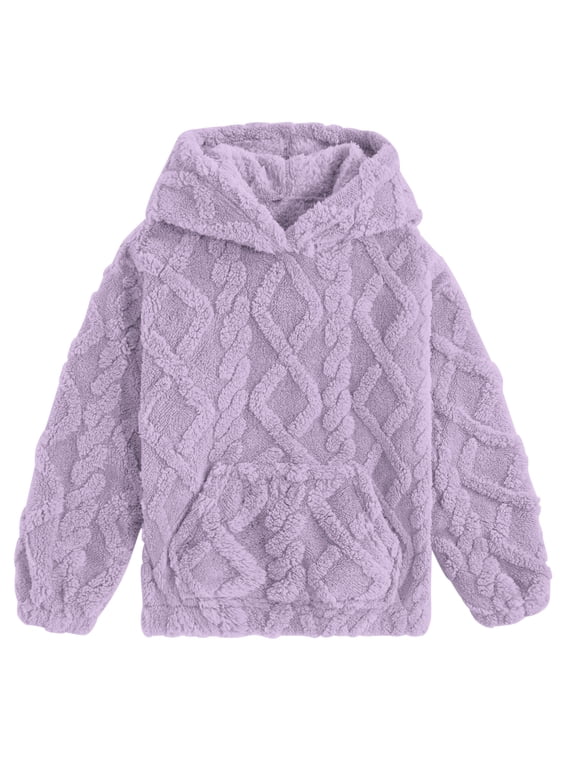 Girls Fuzzy Fleece Hoodies Sweater Cable Knit Warm Sherpa Pullover Sweatshirt with Pockets 6-13 Years