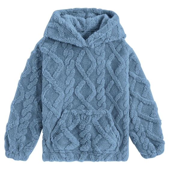Aideaone Girls Fuzzy Fleece Hoodies Sweater Cable Knit Warm Sherpa Pullover Sweatshirt with Pockets 6-13 Years