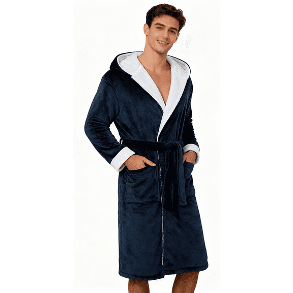 Lollipie Mens Plush Fleece Hooded Robe, Long Warm Shawl Collar Bathrobe with Pockets