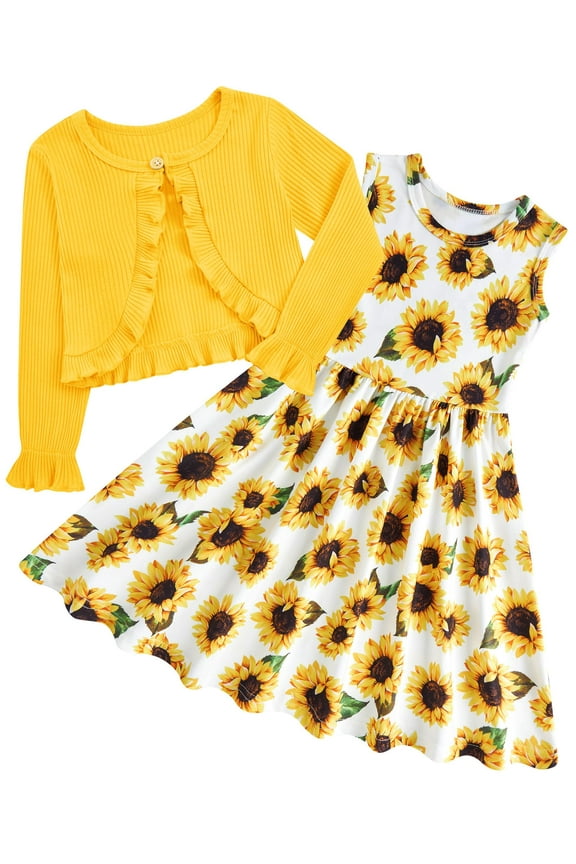 Toddler Girl Sleeveless Dresses and Long Sleeve Ruffle Cardigan 2 Piece Fall Outfits for 2-7T