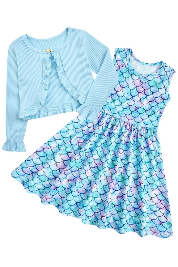 Toddler Girl Sleeveless Dresses and Long Sleeve Ruffle Cardigan 2 Piece Fall Outfits for 2-7T