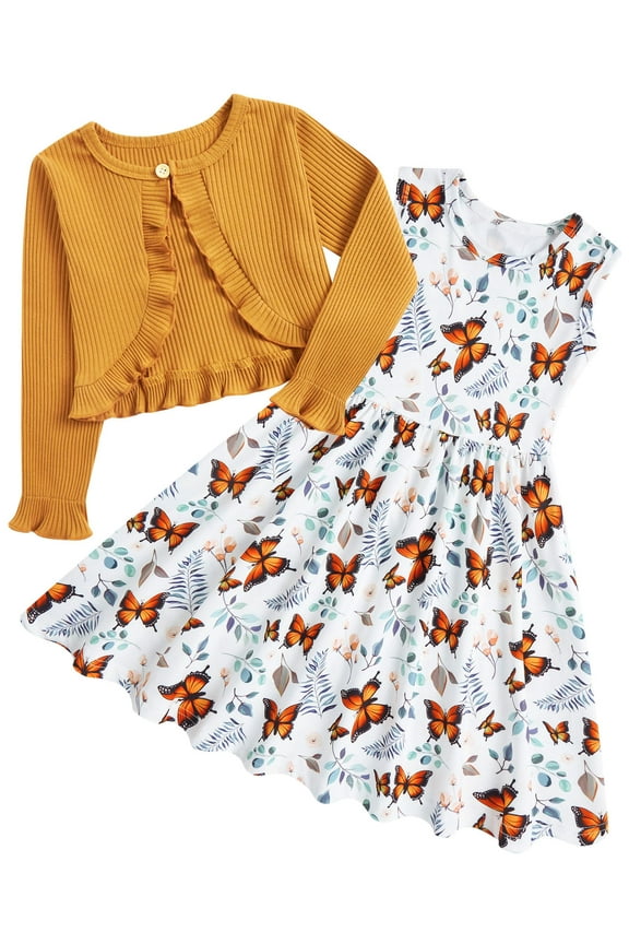 Toddler Girl Sleeveless Dresses and Long Sleeve Ruffle Cardigan 2 Piece Fall Outfits for 2-7T