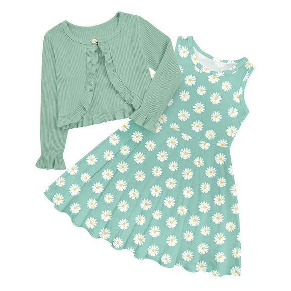 Lollipie Toddler Girl Sleeveless Dresses and Long Sleeve Ruffle Cardigan 2 Piece Fall Outfits for 2-8T