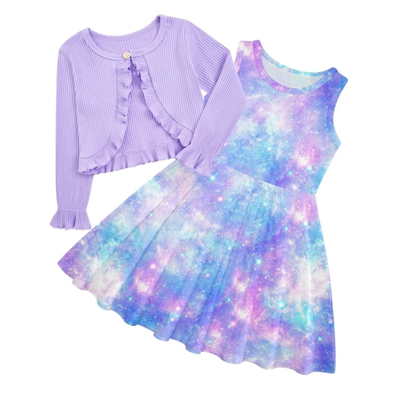 Aideaone Toddler Girl Sleeveless Dresses and Long Sleeve Ruffle Cardigan 2 Piece Fall Outfits for 2-7T