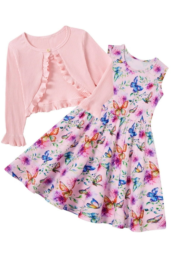 Toddler Girl Sleeveless Dresses and Long Sleeve Ruffle Cardigan 2 Piece Fall Outfits for 2-7T